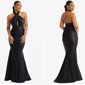 Cynthia & Sahar Stretch Satin Criss Cross Halter Open-Back Mermaid Dress Black M